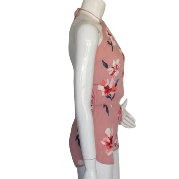 LULU'S Romper, M, Pink Rayon, Floral, Halter, Short shorts, Drawstring - Picture 7 of 12